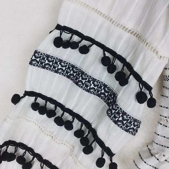 ZARA Boho Blouse Size Small in Black White Stipes w/ Pom Pom fringe - Picture 5 of 11